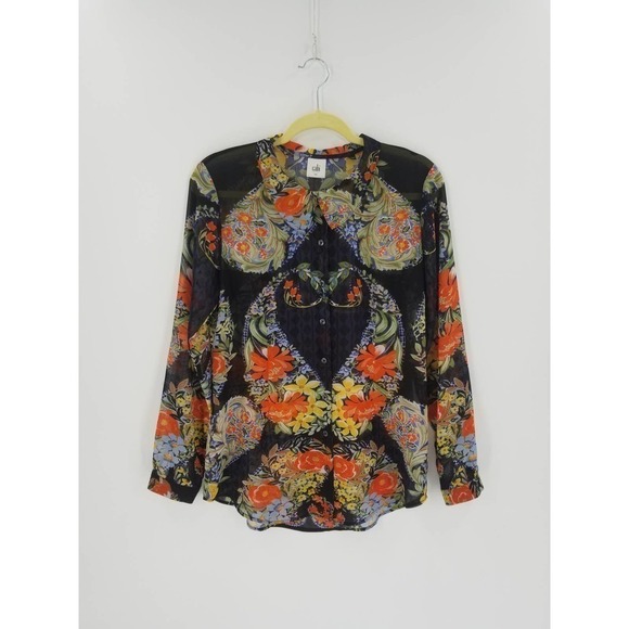 Cabi Blouse Size S Amour Semi Sheer Long Sleeve Button Down Floral Print Black - Picture 3 of 8